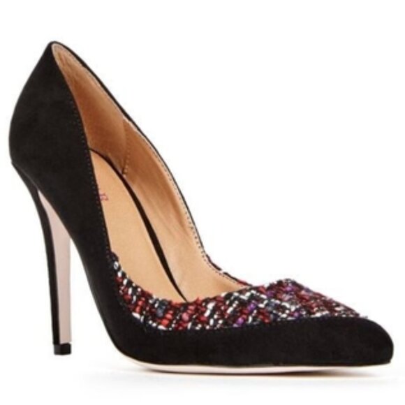👠🖤🔥NEW Just Fab Suede Woven Black Red & White High Heels Sz 9 - Picture 1 of 14